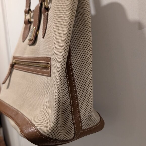 Dooney & Bourke 1975 Donegal Canvas Tote Leather Trimmed Ivory Brown Trim - Picture 7 of 8